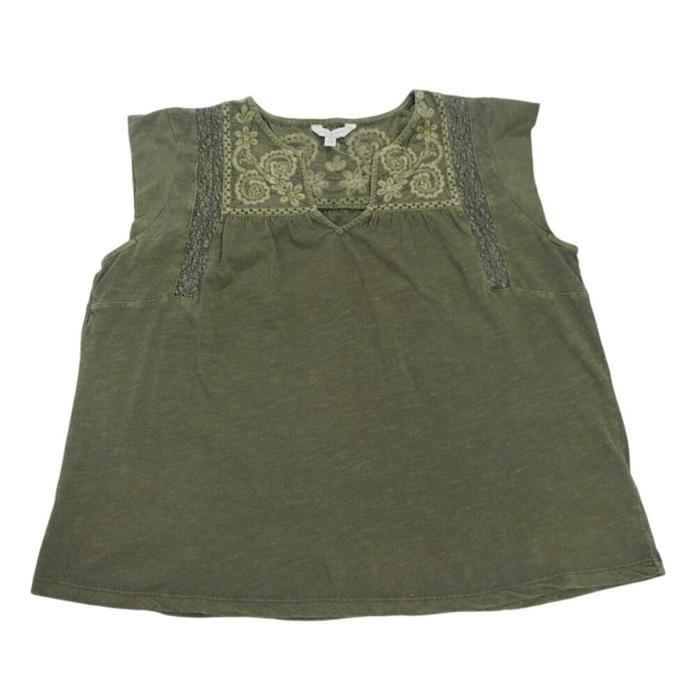 Lucky Brand Green Embroidered Sleeveless Top S/P Lightweight Boho Style, NWOT